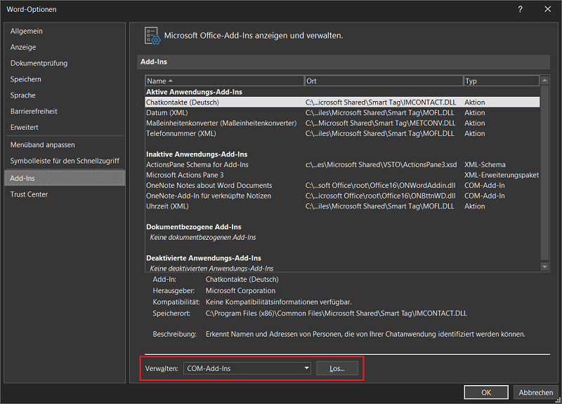 Administrar complementos en Opciones de Word