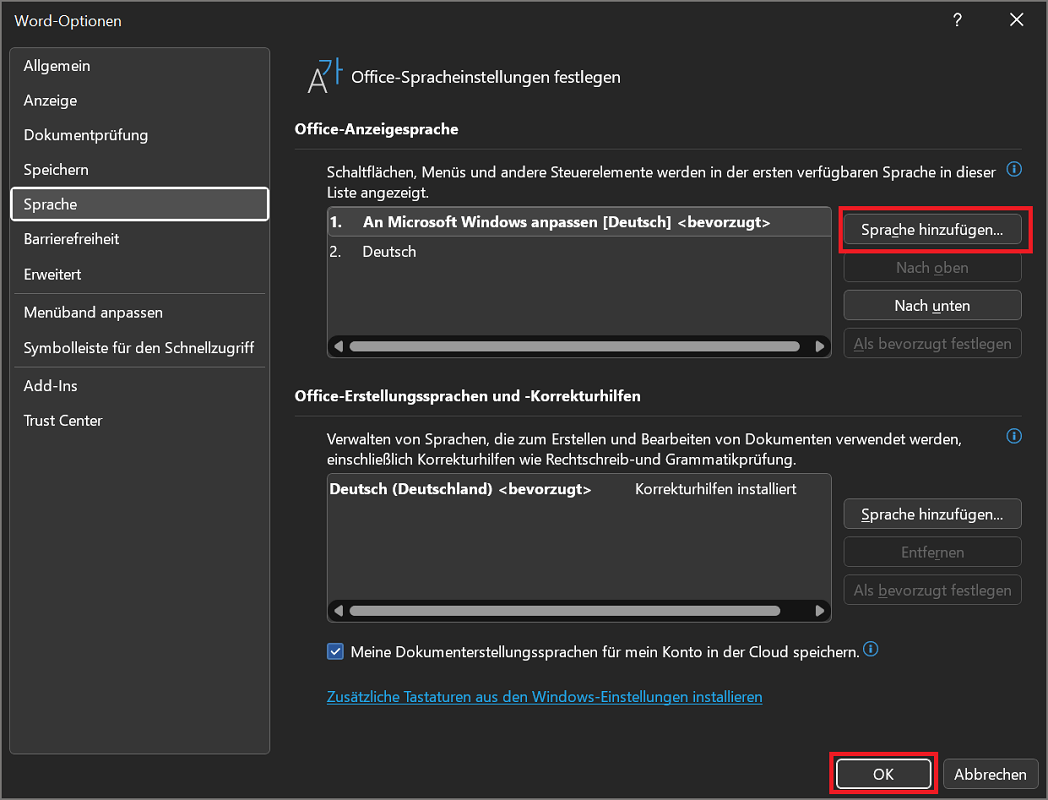 Cambiar idioma en las opciones de Word