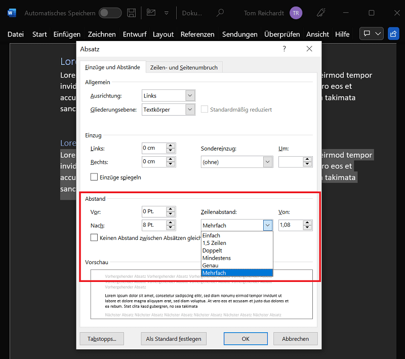 Ajustar el interlineado en Word solo en ciertas áreas como párrafos