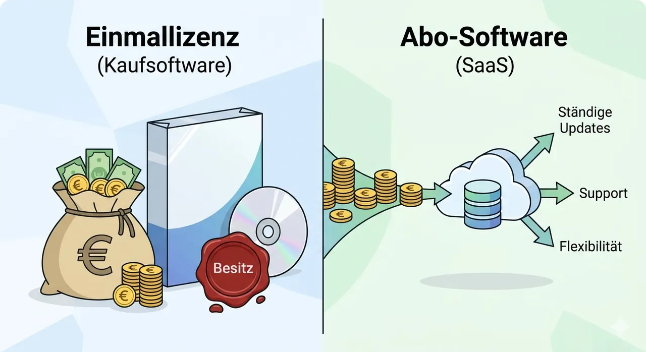 Ilustración vectorial minimalista: Software de licencia única (bolsa de euros, sello 'propiedad') versus ventajas del software de suscripción (nube, actualizaciones de flechas y flexibilidad)