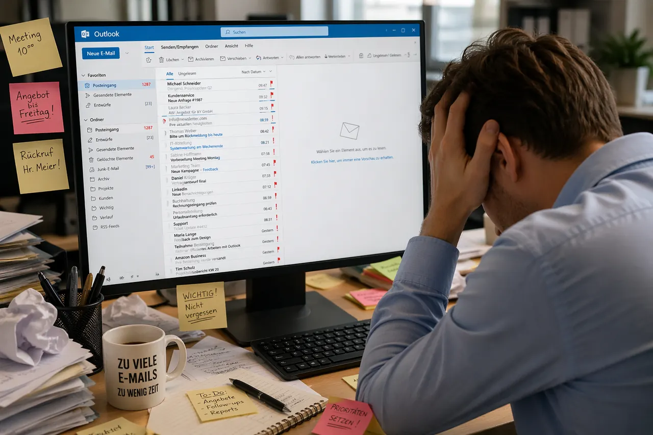 Bandeja de entrada de Outlook sobrecargada con mensajes no leídos y falta de estructura