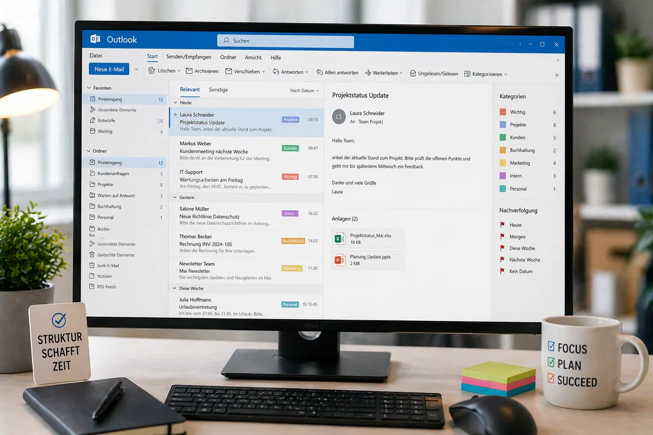 Bandeja de entrada de Outlook estructurada con categorías coloreadas y carpetas claras